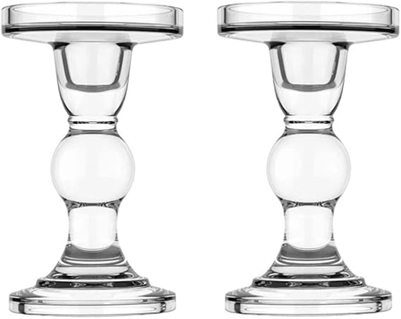 2Pcs Glass Candle Holders,Crystal Glass Candle Holder,Clear Pillar Taper Candlestick for Wedding, Party, Holiday Decoration (Lager)