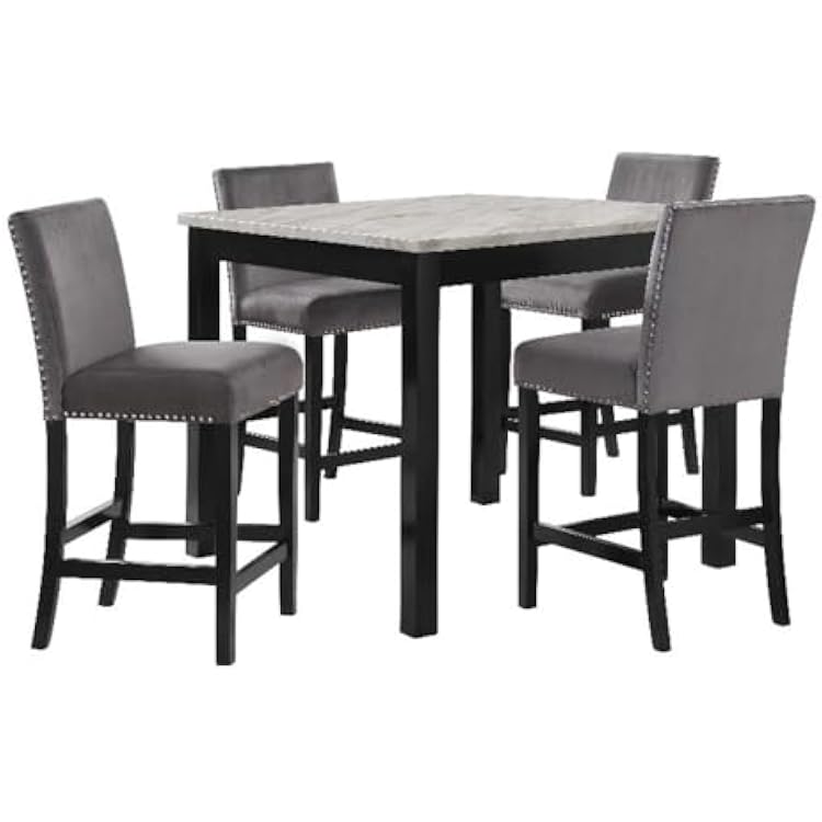 New Classic Furniture Celeste Faux Marble Top and Polyester Fabric 42 Counter Dining Room Table Set for 4 - Gray