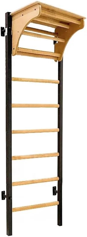 212B Solid Beech Wooden Wallbars, Stallbars, Swedish Ladder, Gymnastic Ladder, Wooden Furniture with Oval Rungs, Adjustable Pull Up Bar and Removable BenchTop Used as a Desk