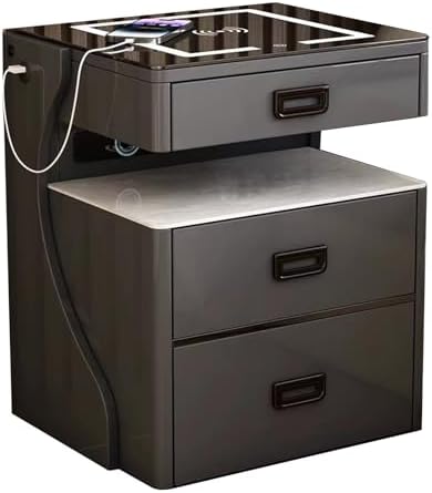 Smart Nightstand, Bedside Table with 3 Color LED Lights, Bed End Table with USB Ports, Charging Station and Speaker, 3 Drawers Night Stand for Bedroom (Color : Dark Gray 2PS)