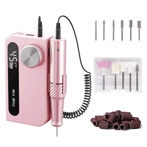 Professional Electric Nail Drill File,Cordless Portable Nail Drill 45000 RPM, Rechargeable Nail File Machine for Acrylic Nails Gel Polishing,Nail Kit for Manicure Salon Home（Pink