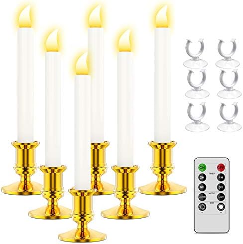RONXS LED Window Candles With Timer, Flickering Flameless Taper Candles With Remote, Battery Operated, Indoor Christmas Decorations 6 Pcs Gold