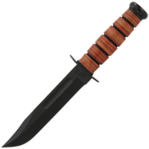KA-BAR USMC Fighting Fixed Blade Knife 7 Clip Point 1095 Cro-Van Black Powder Coat Blade Stacked Leather Handle BlackBrown