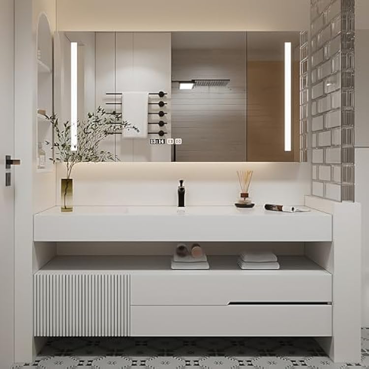 Bathroom Vanity with Sink - White Elegant Floating Vanity, Modern Bathroom Sink and Cabinet Set, LED Lighting and Heated Defog Function, Custom Sizes 40