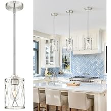 Beionxii Brushed Nickel Pendant Lights Kitchen Island, Glass Pendant Light Fixtures with Clear Glass and Rods, Kitchen Pendant Lighting Over Island for Sink, Dining Room, Entryway, BX-PL07BN