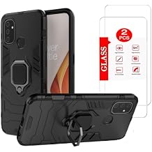 for OnePlus Nord N100 Case with [2 Pack] Tempered Glass Screen Protector, Heavy Duty Armor [Military-Grade] Protective,for OnePlus N100 Magnetic Kickstand Car Mount Holder Case Black