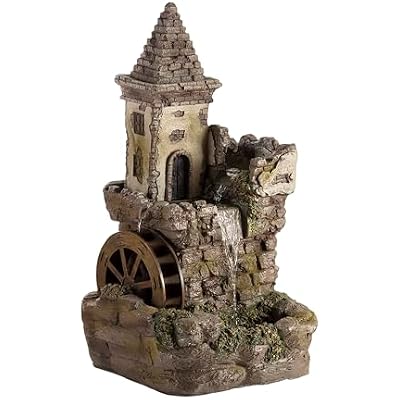 Alpine Corporation USA1164 Outdoor Floor Tiered Fairy Castle Waterwheel Water Fountain with Realistic Stone Look, 35, Brown