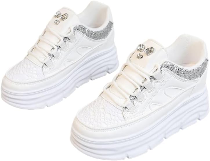 Women's Platform Sneakers Fashion Chunky Casual Walking Shoes Sparkly Rhinestone Fashion Lace Ups Trainers