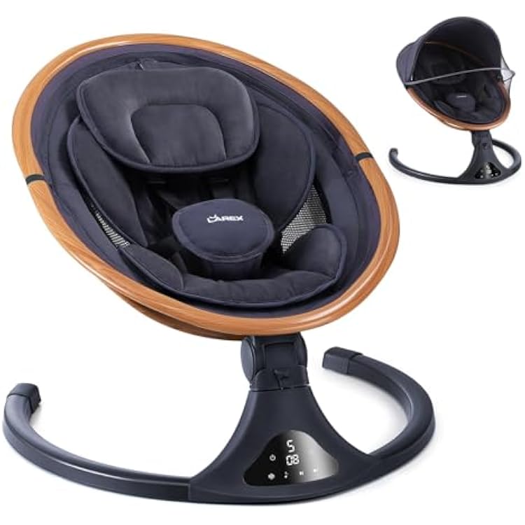 LAREX Baby Swing to Toddler Electric Infant Swing Portable for Newborn Boy Girl, 5 Sway Speeds with Remote Control, 12 Preset Melodies and Bluetooth, 0-6 Months Max 20 LbsDark Wood Grain