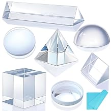 7 PCS K9 Optical Crystal Prism & Lens Set, 50mm Cube/Pyramid/Dome/Right-Angle/150mm Equilateral Prism, Biconvex/Biconcave Lens, for Photography Teaching Entertainment