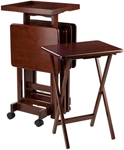 Ergode 5-Piece Wood Folding Snack Table Set with Rolling Storage Stand and Removable Serving Tray - Fully Assembled (Brown)
