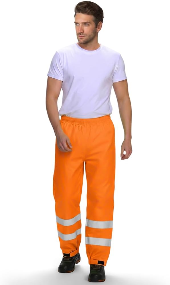 AUYAO Men Hi Vis Trousers Reflective Safety Rain Pants Waterproof Rain Trousers Reflective Joggers High Visibility Overtrousers Men Women Unisex Reflective Tape Combat Workwear Bottoms Pants