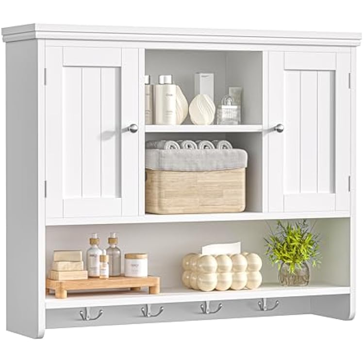 Keehusux 31.5 W Large Bathroom Wall Storage Cabinet with 2 Doors and 4 Hooks, Modern Medicine Cabinet with 3 Open Shelves, Wooden Wall Mounted Bathroom Cabinet for Kitchen, Living Room, White