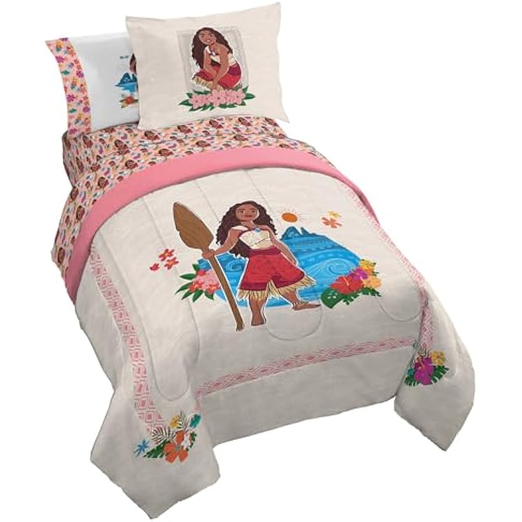 Jay Franco Disney Moana Twin Comforter Set - 5 Piece Bedding Includes Sheet Set & Pillow Covers - Super Soft Floral Cozy Bedding