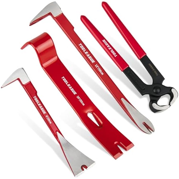 TOOLEAGUE 4 Pcs Pry Bar Set, 12 & 8 Cats Paw Nail Puller,10 Flat Claw Pry Bar,8-inch End Cutting Plier,Utility Wonder Crowbar,Woodworking Tools for Prying, Scraping, Lifting, Pulling