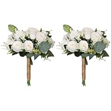 2 Pack White Wedding Bouquets,11 in Bridesmaid Bride Rose Flowers Toss Bouquets with Jute Handle,Leaves and Berries,Red Blue Romantic Wedding Flowers,Wedding Party Church Decoration (White)