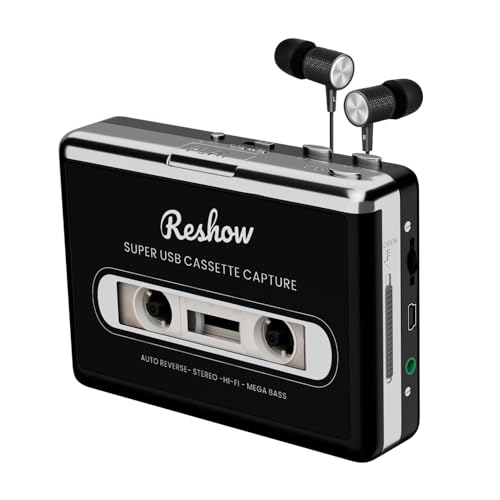 Reshow Cassette Tape Player, Portable Tape Player Audio Cassette to Digital Converter, Convert Cassette Tape Recorder to iPod Format Compatible with Laptops and Personal Computers - Black