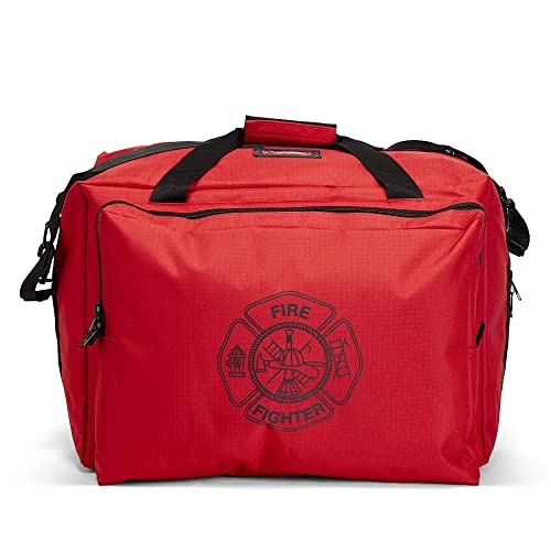 LINE2design Heavy Duty Deluxe Step-In Firefighter Gear Bag with Maltese Cross Logo with Removable Shoulder Straps & Triple-Reinforced Stitching Equipment Bag - Red