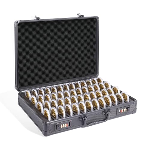 Coin Collection Box with Combination Lock,100 Slots Lockable Case, Fits Multi-Size Capsules & DimesPenniesNickelsQuartersSilver DollarsHalf DollarsCapsules Excluded