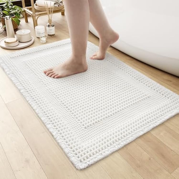 AMOAMI Waffle Bath-Mat, Absorbent Bath Mats for Bathroom Non Slip, Machine Washable Bathroom Rugs with Tassels Ultra Soft Boho Bath Rugs for Floor 24x36 White