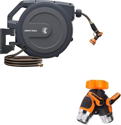 Giraffe Tools Garden Hose Splitter 2 Way Heavy Duty, 3/4" GHT Y Connector, Brass Fitting and AW30 1/2MB Retractable Garden Hose Reel 1/2" x 100 ft PRO Metal Bracket, Heavy Duty, Any Length Lock