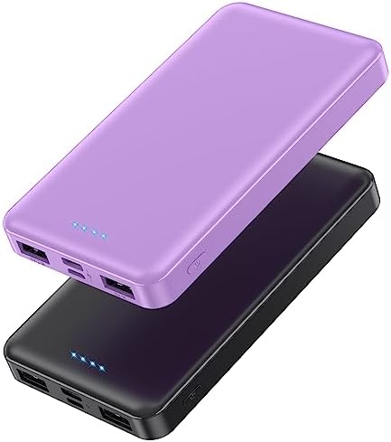 [2 Pack] Portable Charger Power Bank 10000mAh,Ultra Slim Compact External Battery Pack with USB C Input & Dual USB Outputs Backup Charger Compatible with iPhone 14,13, Samsung S20,Tablet-BlackPurple