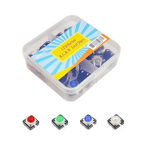 3.3V 5V Illuminated Momentary Tactile Push Button Switch with LED Light 1212mm PCB Mount 6 Pin MulticolorRedGreenBlueWhite for Arduino Raspberry Pi Maker DIY Electronic Project 20pcs