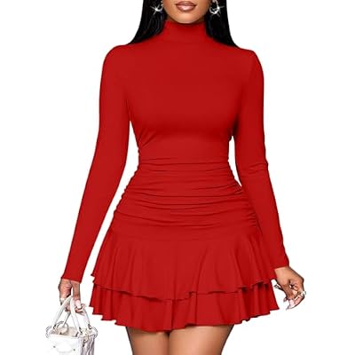LAGSHIAN Womens High Neck Ruffle Hem Mini Dress Long Sleeve Ruched Short Club Party Dresses