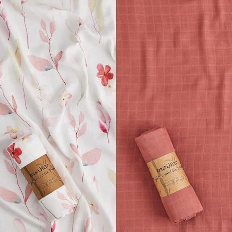 Insular Muslin Swaddle Blanket, Baby Swaddle Wrap for Boys and Girls, Receiving Blanket Large 47 x 47 inches, Baby Essentials, 2 Pack, Red&Floral