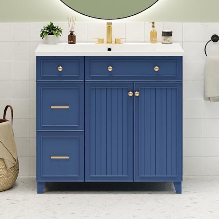 36 Inch Bathroom Vanity with Top Sink, Modern Bathroom Sink Cabinet with 2 Drawers and a Tip-Out Drawer, Soft-Close Doors, Freestanding Storage Vanities, Solid Wood Frame, Blue
