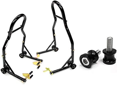 Motorcycle Stand Lift Front Rear Combo Lift Stand, Front Wheel Fork Stand Rear Wheel Swingarm Spool Stand, Including 10mm Spools, Universal Fit, Compatible With Most Honda Suzuki Motorcycles