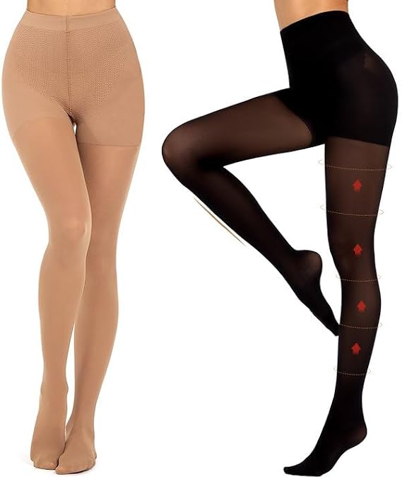 MANZI 2 Pairs Compression Pantyhose for Women Shaping Black Tights 10-15mmHg Support 50D Opaque Stockings