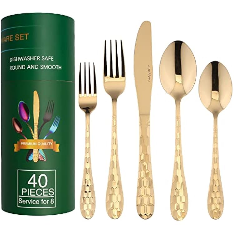 Gold Silverware Set for 8, 40-Piece Flatware Set Stainless Steel with Titanium Colorful Plated Cutlery Kitchen Utensil Flatware Set Service for 8, KnifeForkSpoon & Long TeaspoonSalad Fork Gold