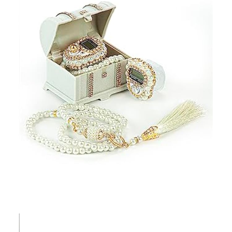 Ihvan Online Chest Gift Box with Islamic Finger Counter and Prayer Beads, Portable Digital Tasbeeh, Pearl Zikirmatic Beads, 2 Pieces Gift for Ramadan & Eid & Mevlut White