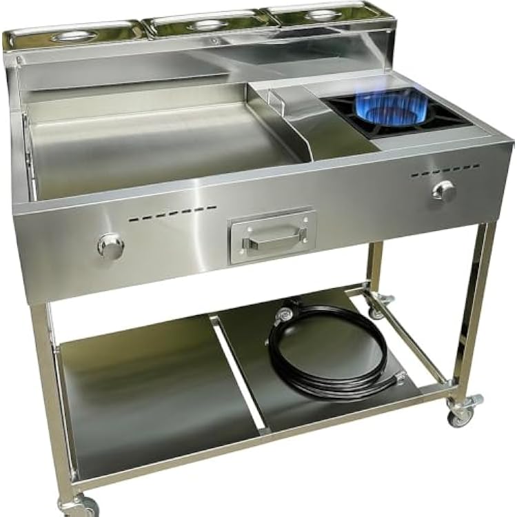 Burner Stove and Flat Top Griddle Cart | 20 Stainless Steel Griddle | 30,000 BTU Cast Iron Burner Stove | Outdoor Propane | Portable 4 Wheel | 3 Condiment Container Pans | Commercial & Home Use