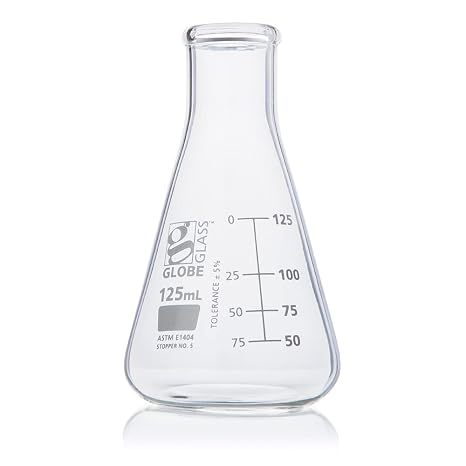 Erlenmeyer Flask, Globe Glass, 125mL, Narrow Mouth, Dual Graduations, 3.3 Borosilicate Glass, ASTM E1404, 12/Box