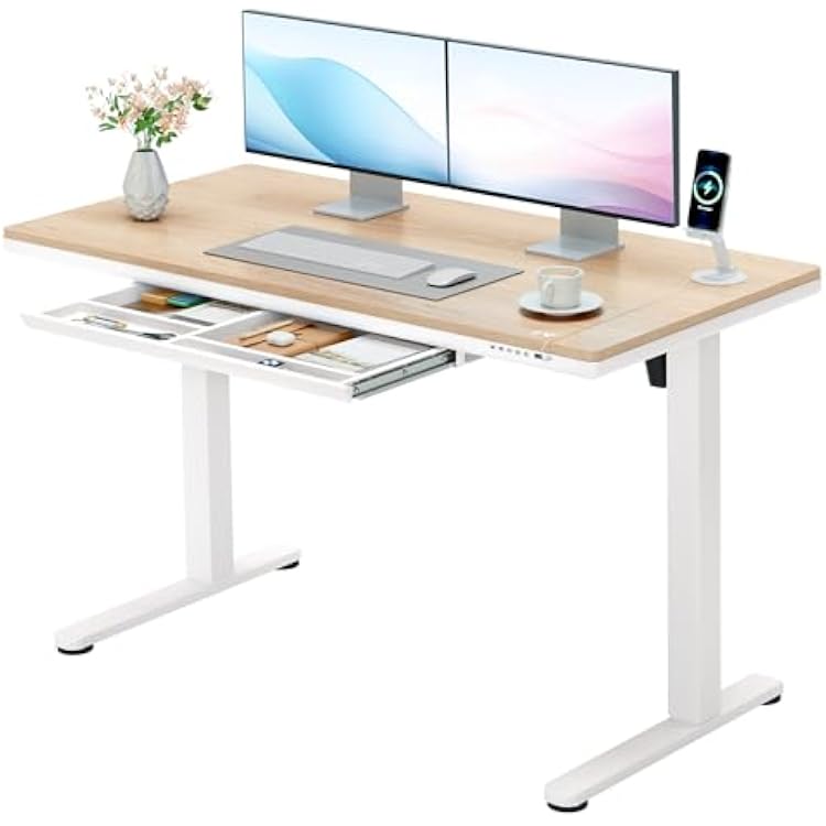 Furmax Electric Standing Desk with Drawers, Adjustable Height Sit Stand Desk with One-Piece Desktop & USB Charging Port for Home Office Computer Desks Bamboo Desktop, 48 Inch