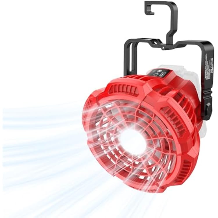 Portable Fan for Milwaukee 18V Battery, Brushless 3-Speed Desk Fan with LED Light, 3300 RPM, 180 Rotating Hook, Camping Fan for Hiking, Jobsite, Tents No Battery