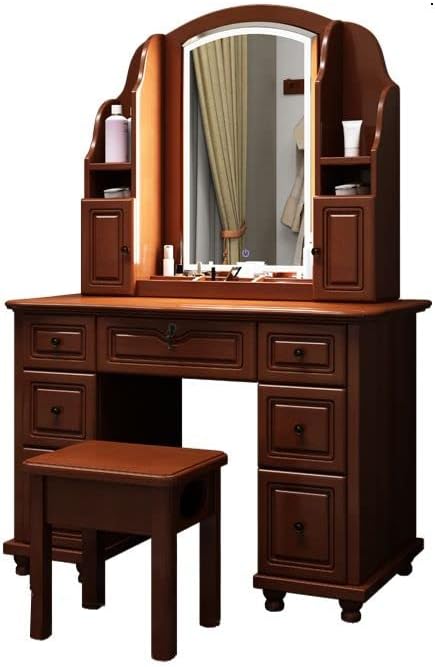Vanity Dressing Table Set With Wood Stool Rubberwood Dressing Table LED Dimmable Mirror Dressing Table Mirror with Light Storage Cabinet Dressers Red Brown with LED Mirror 39"L x 19"W x 61"H
