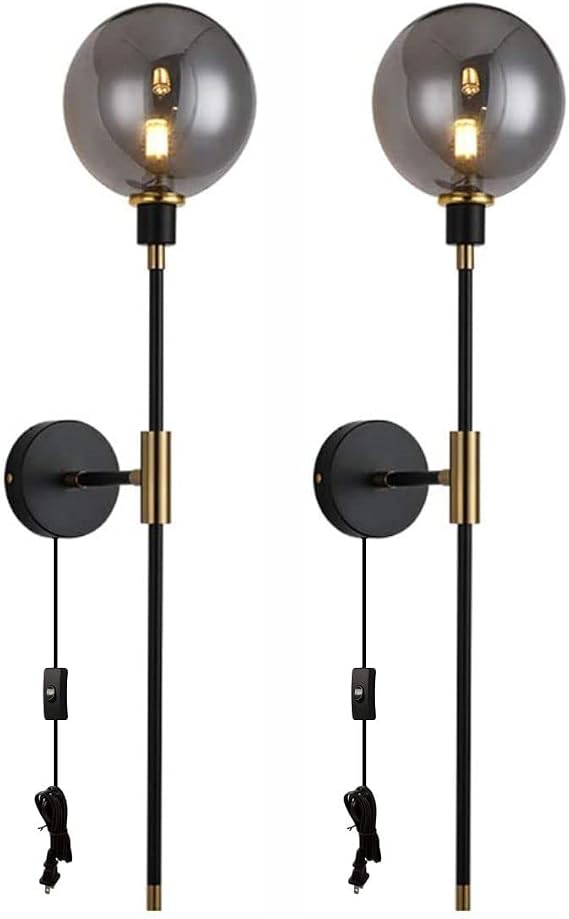 KCO 1-Light Plug in Wall Sconces On/Off Switch Cord Black Modern Wall Mounted Light Fixture with Long Arm Glass Globe Shade Wall Lamp for Bedroom Living Room Kitchen Hallway (Smoke Gray & 2-Pack)