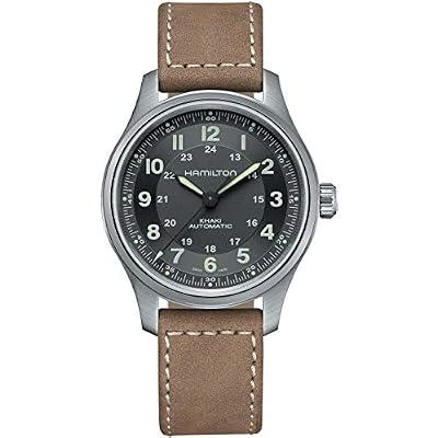 Hamilton Khaki Field Titanium Automatic Mens Watch, 42mm Titanium Case, Swiss Made, Black Dial Analog Wrist Watch for Men, 100m Waterproof, Sapphire Crystal, 3-Hand Movement, Cow Leather Strap