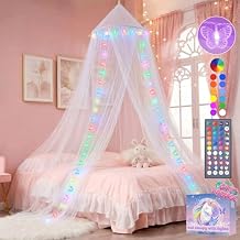 White Bed Canopy with Lights for Girls Bedroom, 34 Colors Canopy Bed Curtains with Color Changing Butterflies Lights Princess Canopy Remote Timer for Kids Tent Twin Full Queen King Size Bed