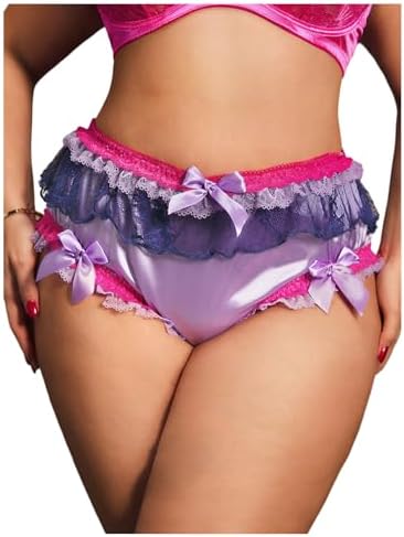 SHENHE Womens Plus Size Frilly Ruffle Satin Underwear High Rise Coquette Bow Brief Panty
