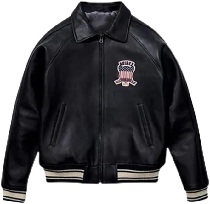 Mens Avirex Real Leather Jacket, Black Flight Bomber, American Varsity Style | Classic Cowhide Real Leather Jacket