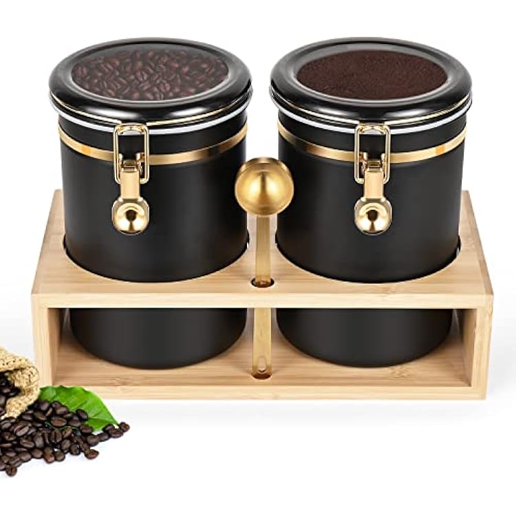 Yangbaga 304 Stainless Steel Coffee Canisters for Ground Coffee,2 x 63OZ Coffee Container with Shelf Coffee Bean Storage, Food Storage Jar with Gold Airtight Locking Clamp and Spoon for Kitchen