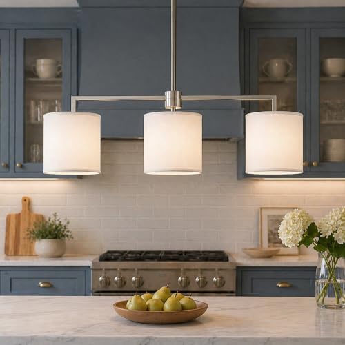 Emak 3-Light Dining Room Light Fixture, Brushed Nickel Kitchen Island Lighting with Linen Drum Shade, Modern Linear Chandeliers for Dining Room, Kitchen, Bar, IL128-BN-WF-3