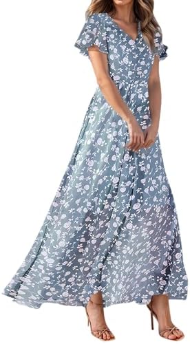 Beach Dresses For Women,2025 Spring Summer Elegant Trendy Floral Print Boho Dress,Casual Loose V Neck Short Sleeve Chiffon Maxi Dress,Flowy Ruched Vacation Dress Cruise OutfitsC-Dark Blue,XL