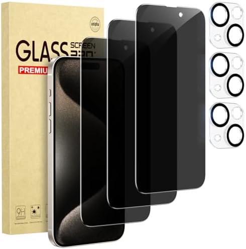 Cutebe 3 Pack Privacy Screen Protector for iPhone 15 3 Pack Camera Lens Protector with Tempered Glass, Touch Sensitive and Case Friendly iP-15