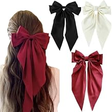 Hair Bows for Women - 3 Pcs Large Ribbon Hair Clips with Long Tail Tassels, Big Hair Barrettes for Girls (Black, Red, Beige)
