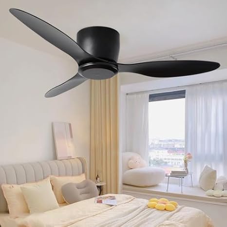 52"" Flush Mount Ceiling Fan with 6 Speeds Reversible DC Motor,Noiseless 3-Speed Ceiling Fans without light for Living Room Kitchen Bedroom Patio, 9.80, Black